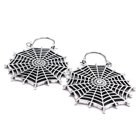 Silver Detailed Boho Spider Web Dangling Drop Hinged Hook Earrings - Picture 2 of 5